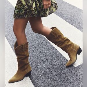 Zara knee high split leather cowboy boots- Sz 8